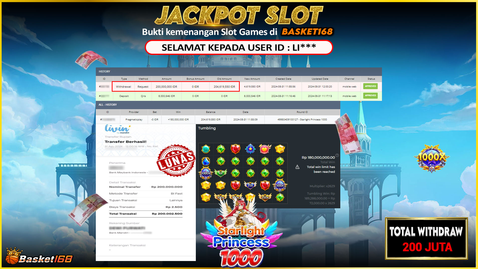 BASKET168 JACKPOT SLOT STARLIGHT PRINCESS 1000 Rp.200.000.000.,- LUNAS