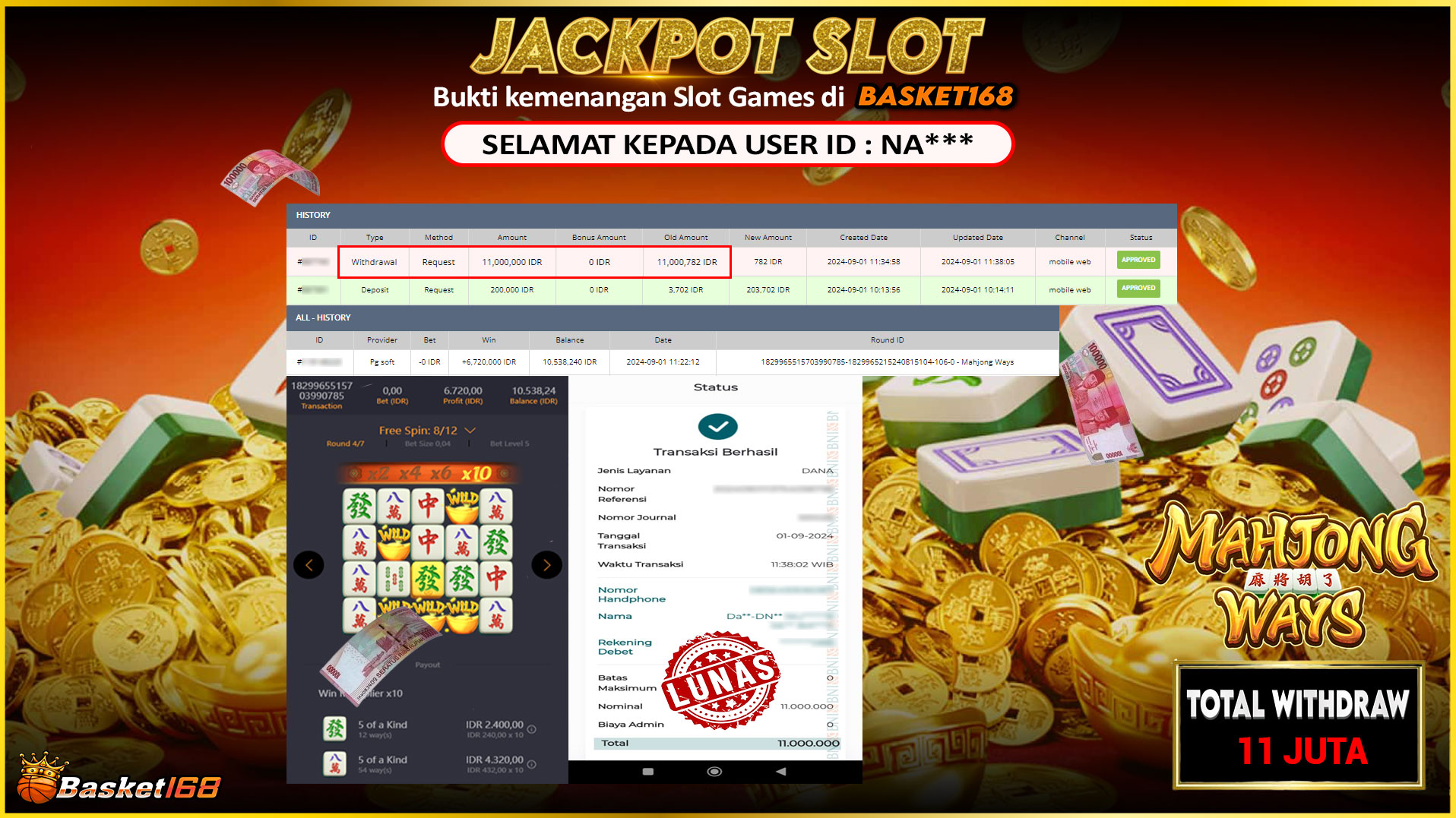 BASKET168 JACKPOT SLOT MAHJONG WAYS Rp.11.000.000.,- LUNAS