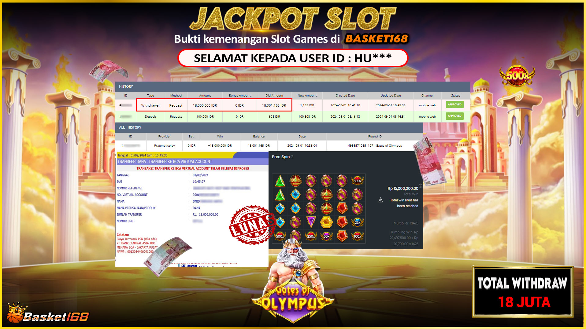 BASKET168 JACKPOT SLOT GATES OF OLYMPUS Rp.18.000.000.,- LUNAS