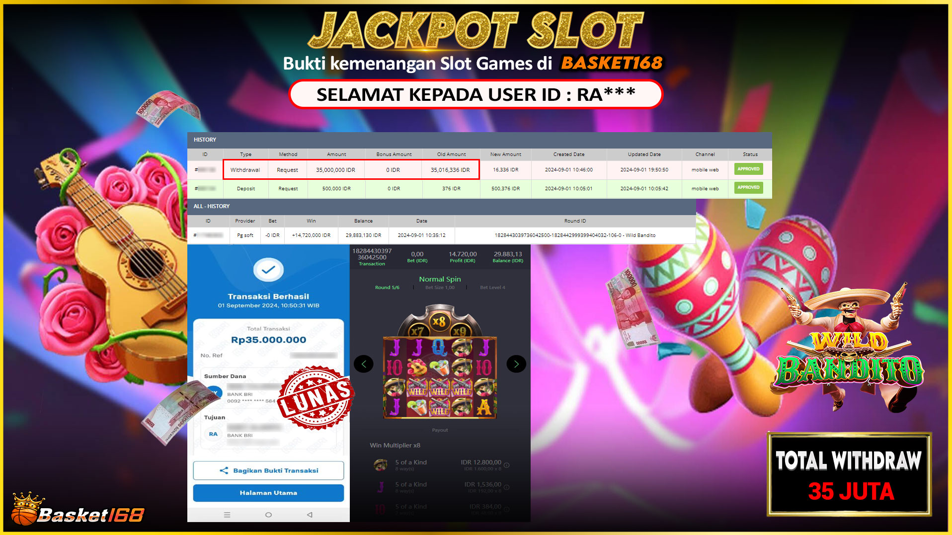 BASKET168 JACKPOT SLOT WILD BANDITO Rp.35.000.000.,- LUNAS
