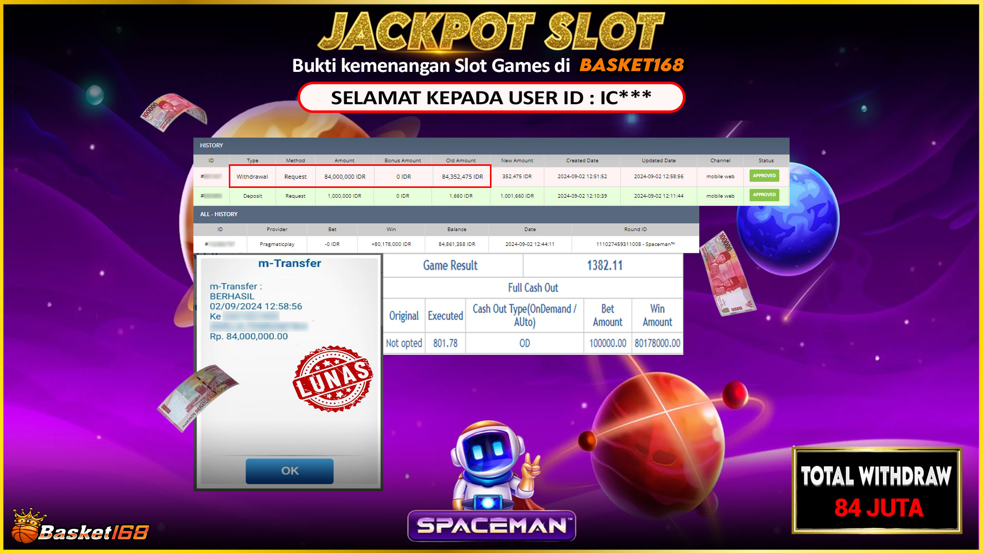 BASKET168 JACKPOT SPACEMAN Rp.84.000.000.,- LUNAS