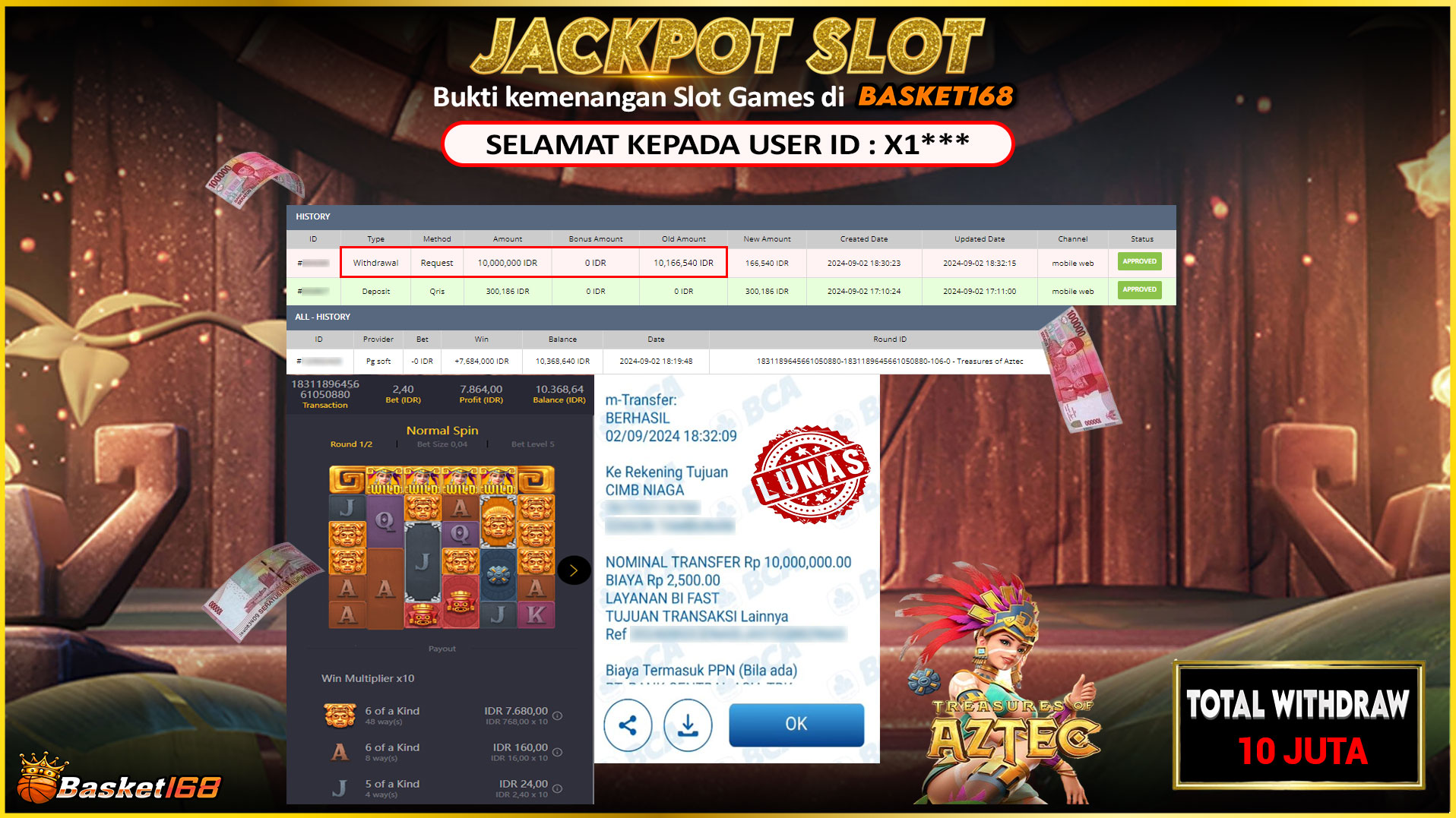 BASKET168 JACKPOT SLOT TREASURES OF AZTEC Rp.10.000.000.,- LUNAS