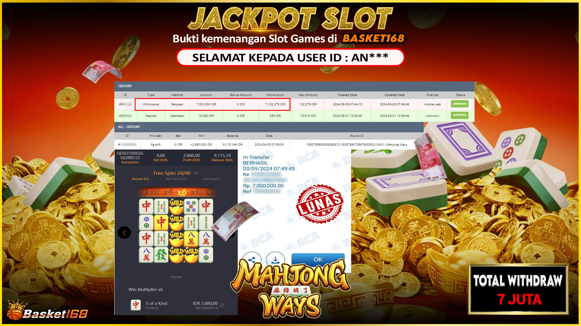 BASKET168 JACKPOT SLOT MAHJONG WAYS Rp.7.000.000.,- LUNAS