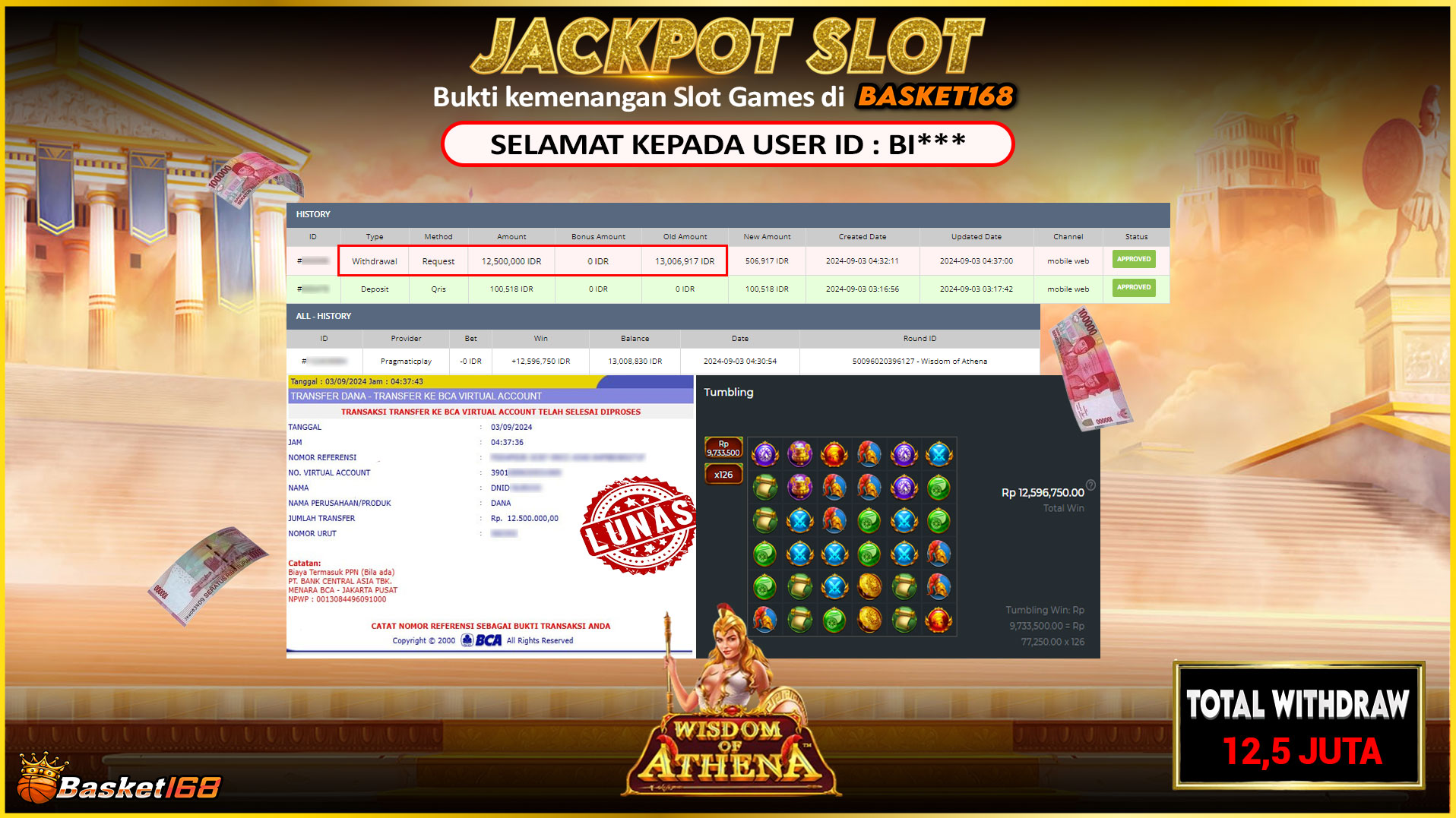 BASKET168 JACKPOT SLOT WISDOM OF ATHENA Rp.12.500.000.,- LUNAS