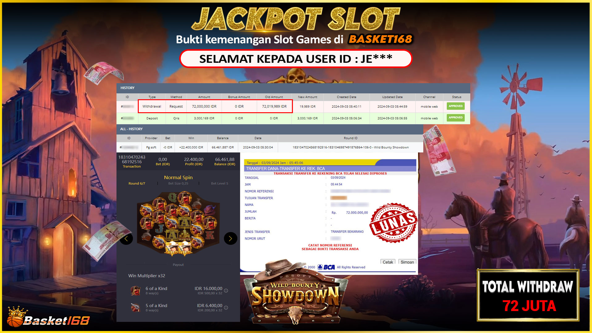 BASKET168 JACKPOT SLOT WILD BOUNTY SHOWDOWN Rp.72.000.000.,- LUNAS