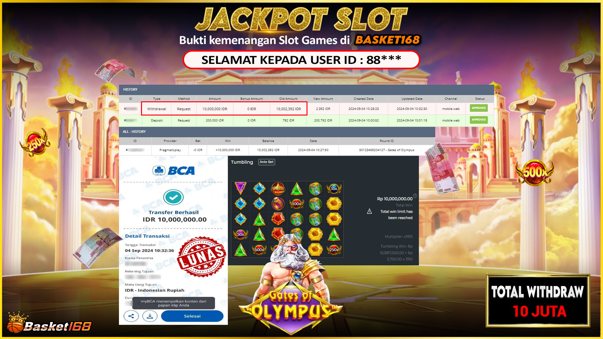BASKET168 JACKPOT SLOT GATES OF OLYMPUS Rp.10.000.000.,- LUNAS