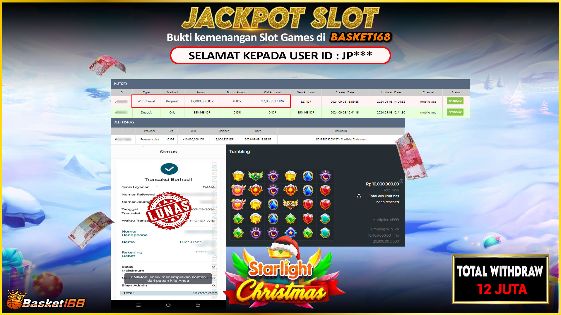 BASKET168 JACKPOT SLOT STARLIGHT CHRISTMAS Rp.12.000.000.,- LUNAS