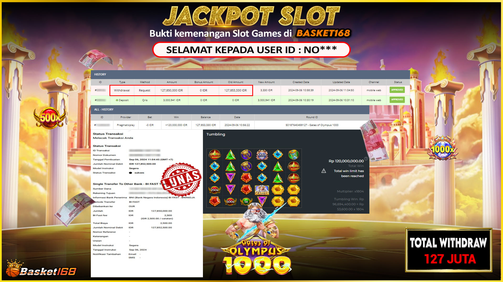 BASKET168 JACKPOT SLOT GATES OF OLYMPUS 1000 Rp.127.850.000.,- LUNAS