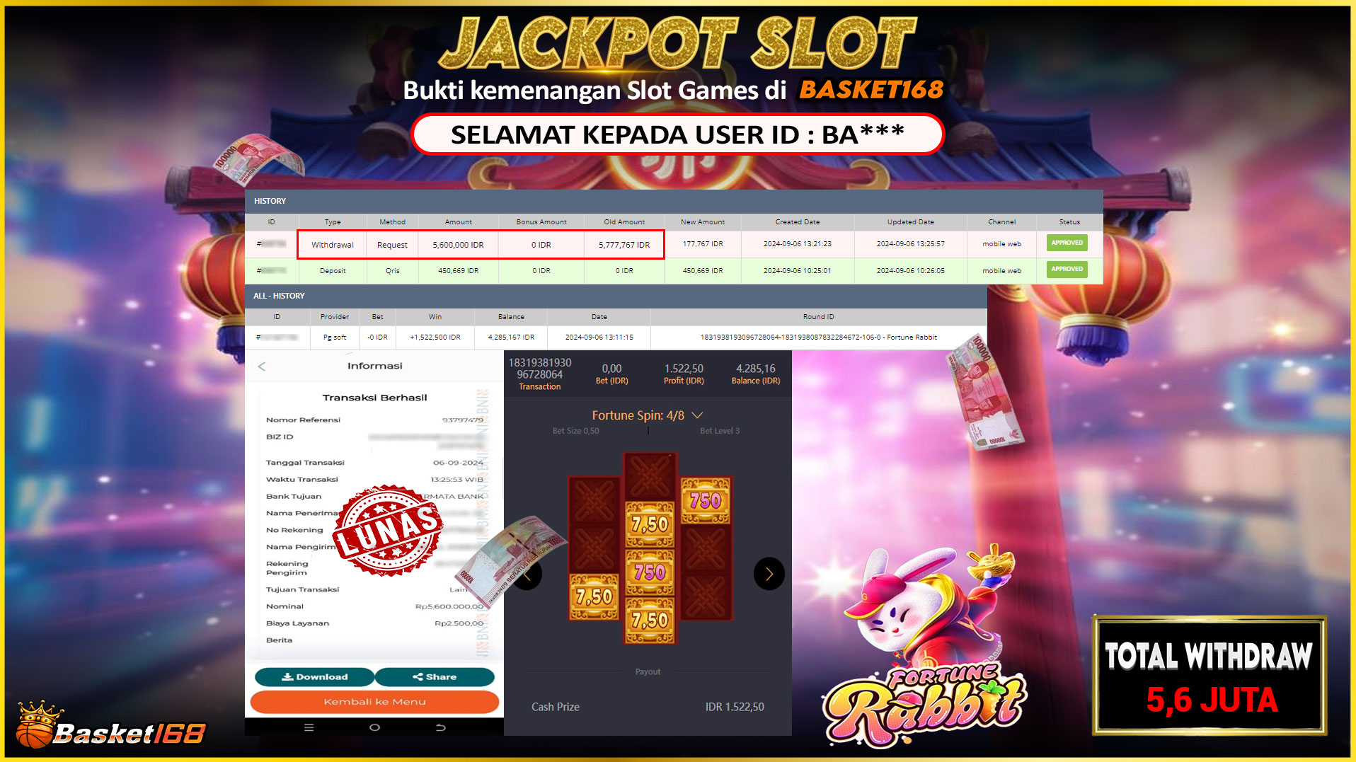 BASKET168 JACKPOT SLOT FORTUNE RABBIT Rp.5.600.000.,- LUNAS