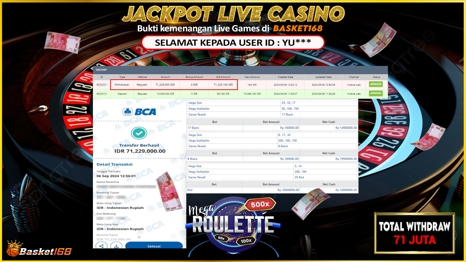BASKET168 JACKPOT LIVE GAMES MEGA ROULETTE Rp.71.229.000.,- LUNAS