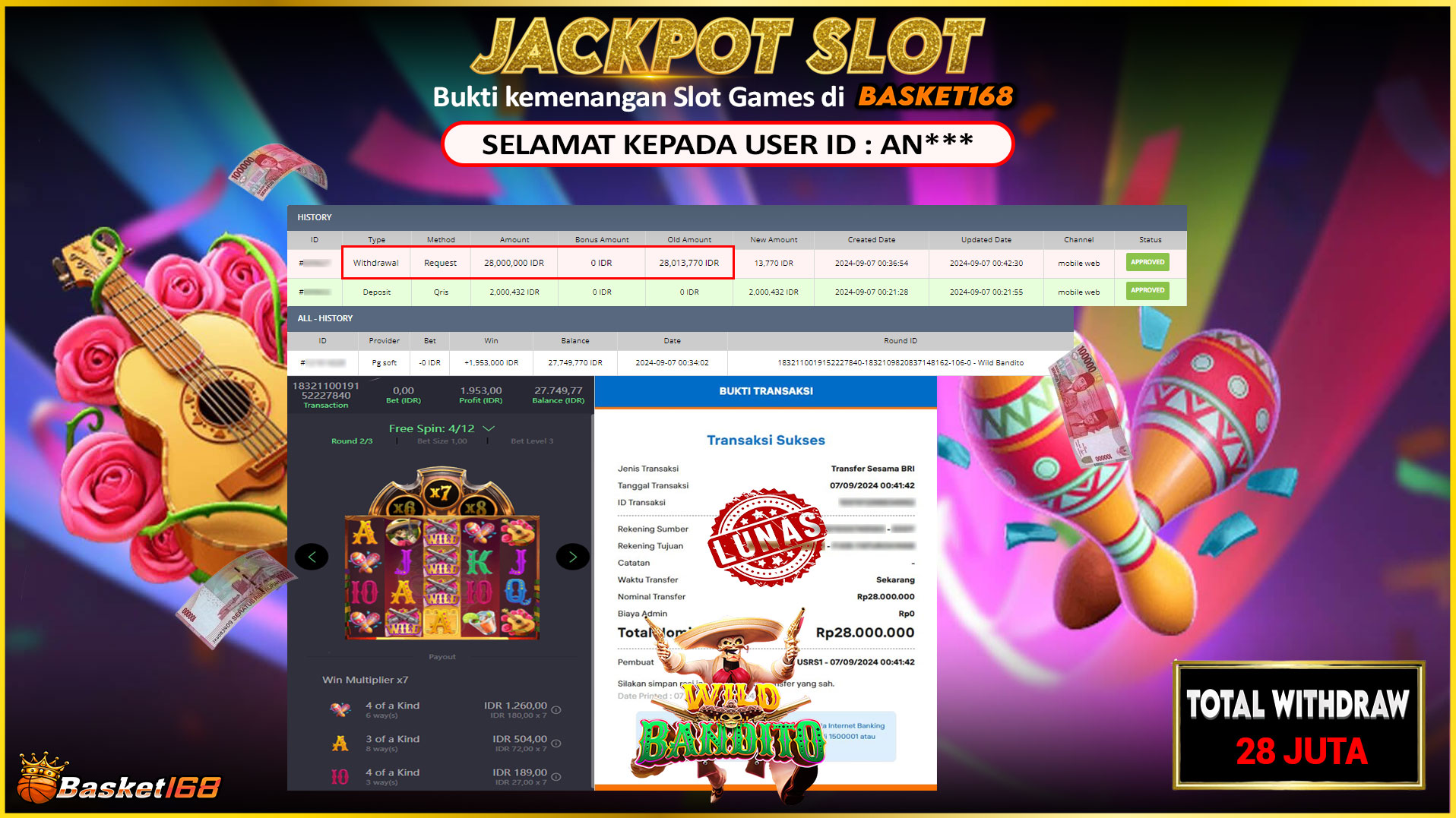 BASKET168 JACKPOT SLOT WILD BANDITO Rp.28.000.000.,- LUNAS