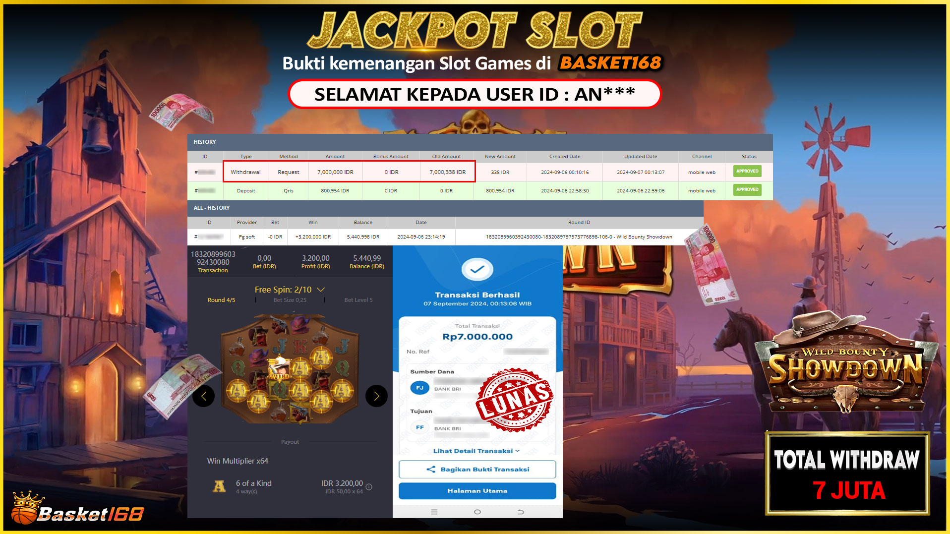 BASKET168 JACKPOT SLOT WILD BOUNTY SHOWDOWN Rp.7.000.000.,- LUNAS