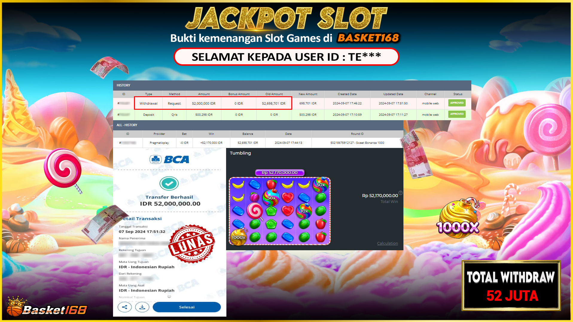 BASKET168 JACKPOT SLOT SWEET BONANZA 1000 Rp.52.000.000.,- LUNAS