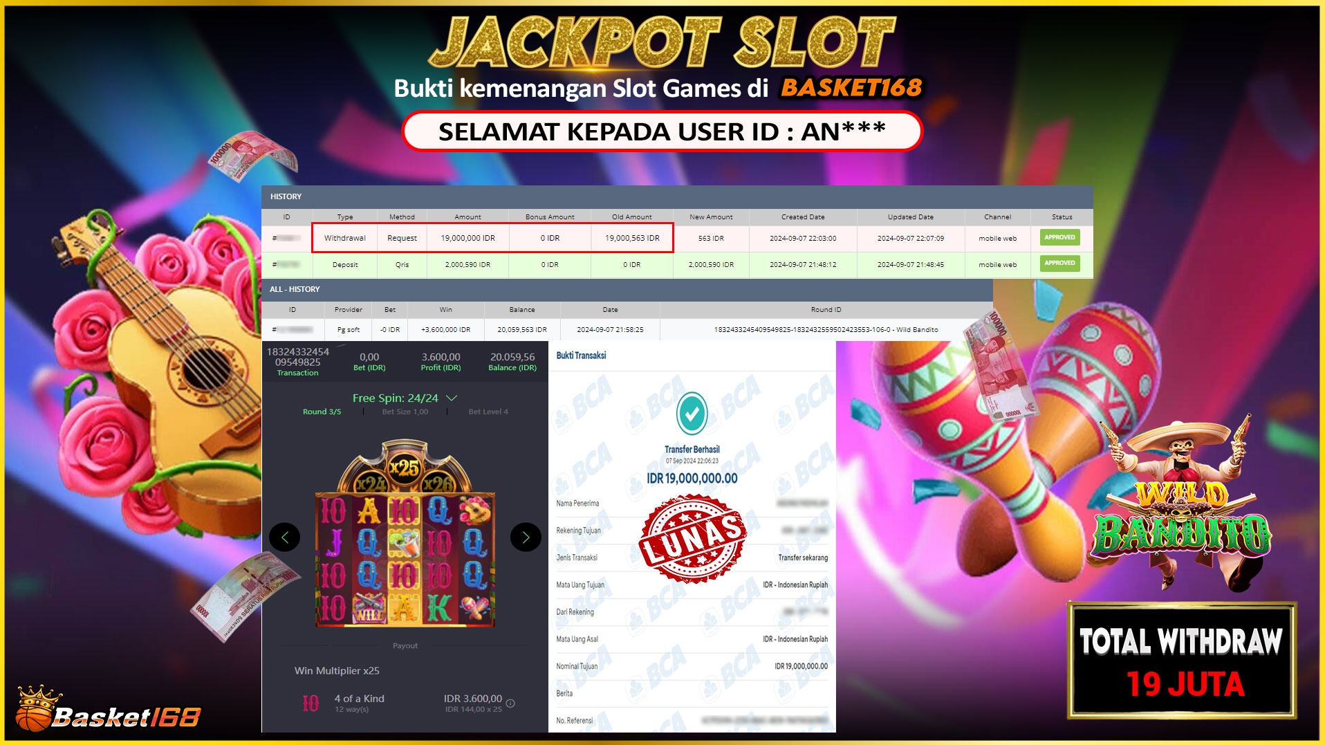 BASKET168 JACKPOT SLOT WILD BANDITO Rp.19.000.000.,- LUNAS