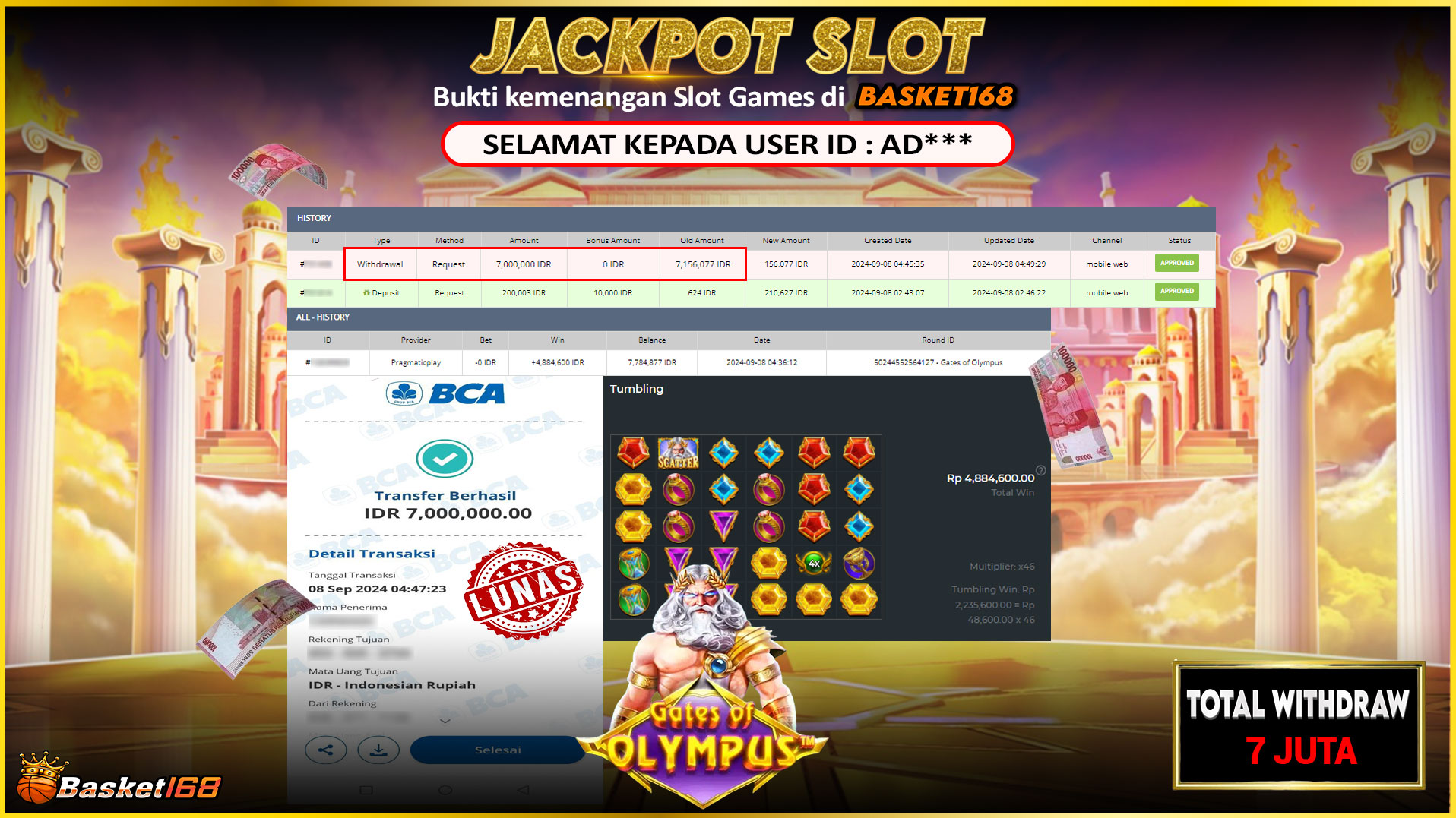 BASKET168 JACKPOT SLOT GATES OF OLYMPUS Rp.7.000.000.,- LUNAS