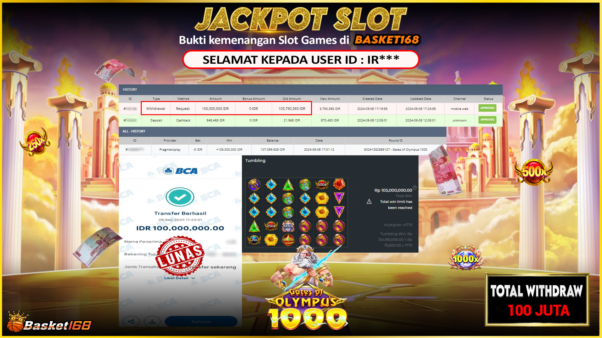 BASKET168 JACKPOT SLOT GATES OF OLYMPUS 1000 Rp.100.000.000.,- LUNAS