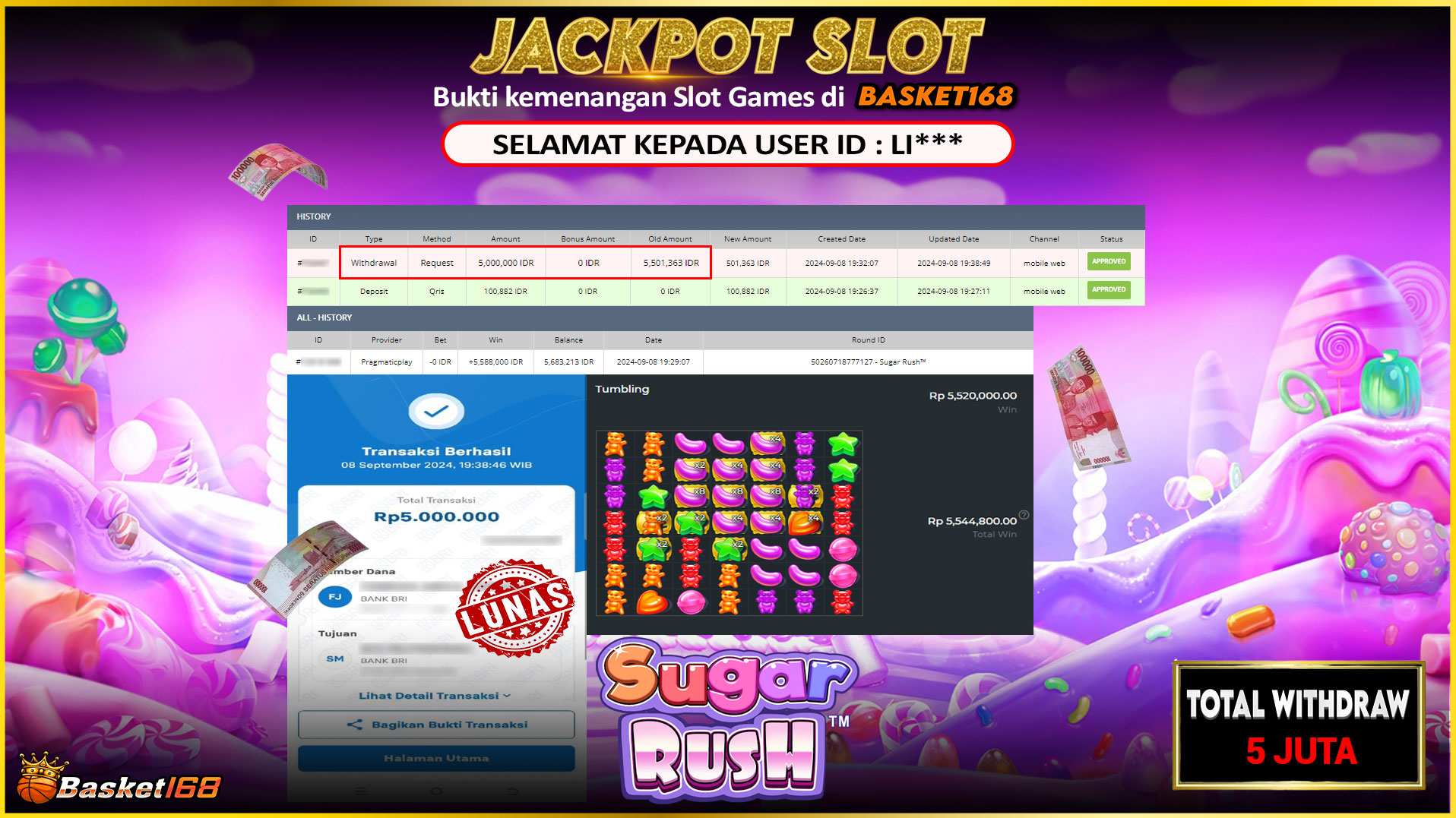 BASKET168 JACKPOT SLOT SUGAR RUSH Rp.5.000.000.,- LUNAS
