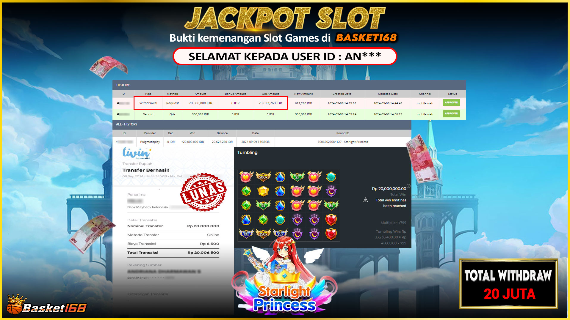 BASKET168 JACKPOT SLOT STARLIGHT PRINCESS Rp.20.000.000.,- LUNAS