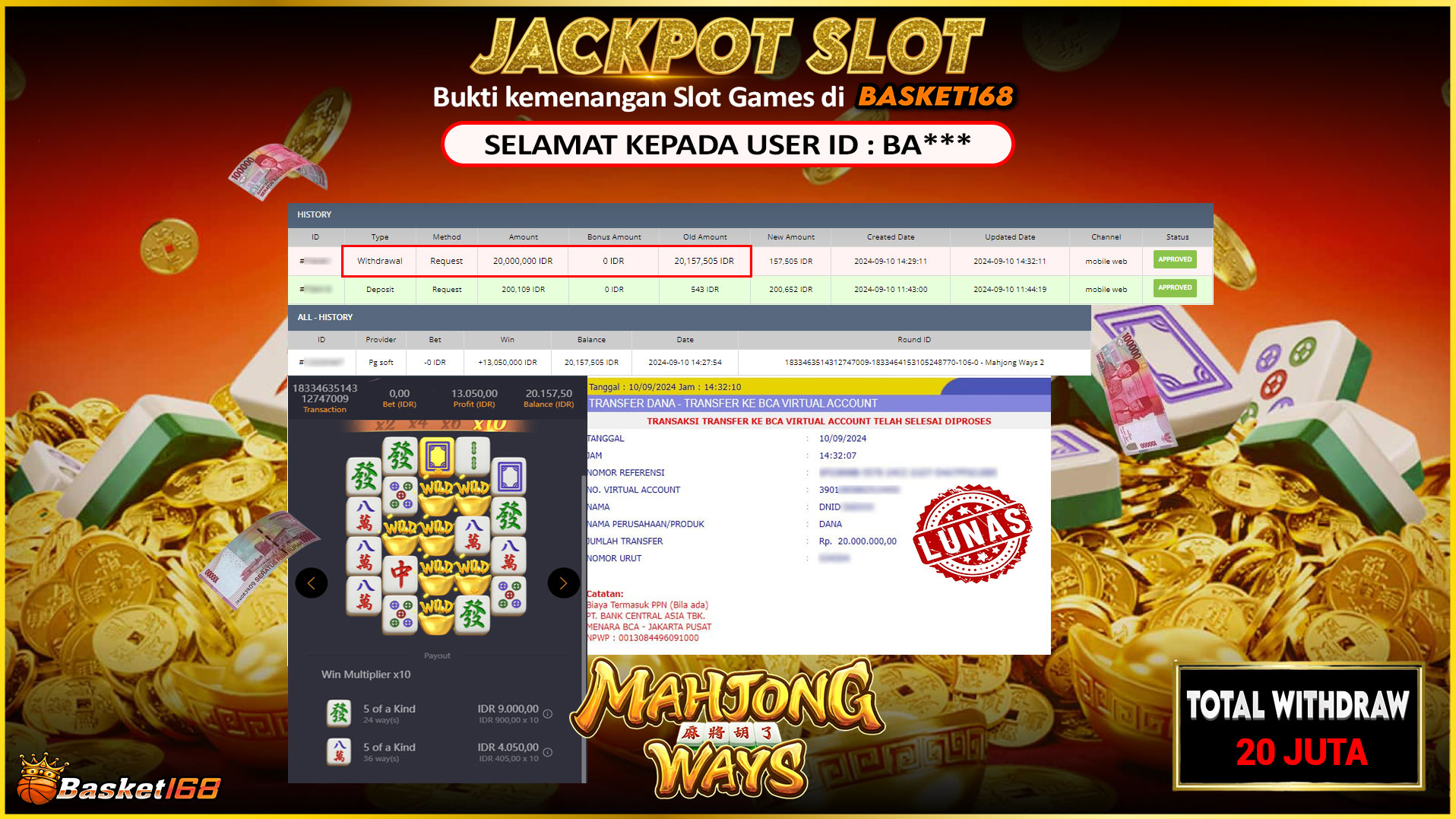 BASKET168 JACKPOT SLOT MAHJONG WAYS Rp.20.000.000.,- LUNAS