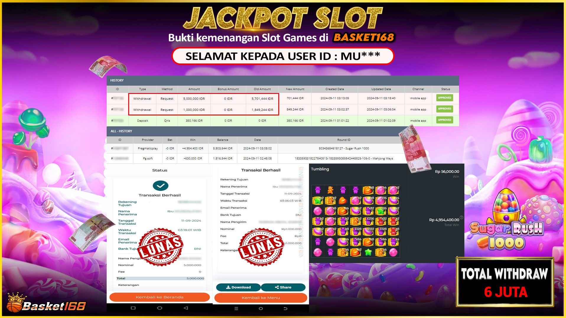 BASKET168 JACKPOT SLOT SUGAR RUSH 1000 Rp.6.000.000.,- LUNAS