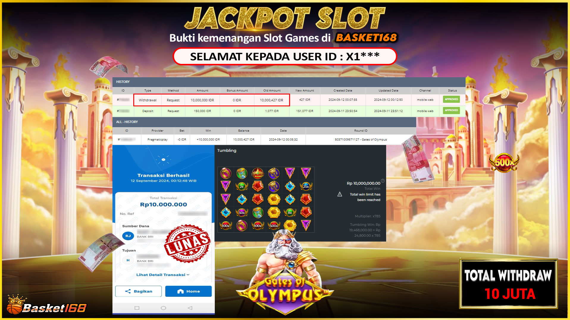 BASKET168 JACKPOT SLOT GATES OF OLYMPUS Rp.10.000.000.,- LUNAS