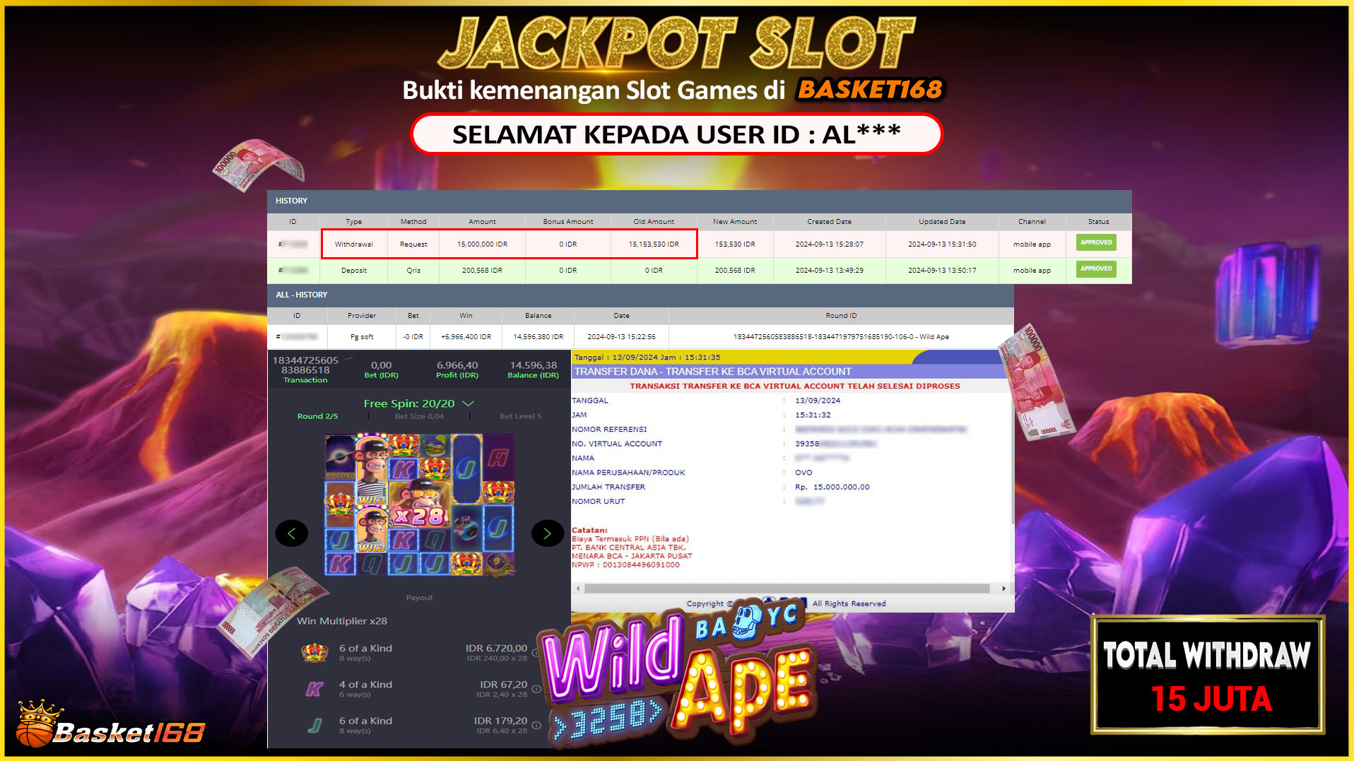 BASKET168 JACKPOT SLOT WILD APE Rp.15.000.000.,- LUNAS