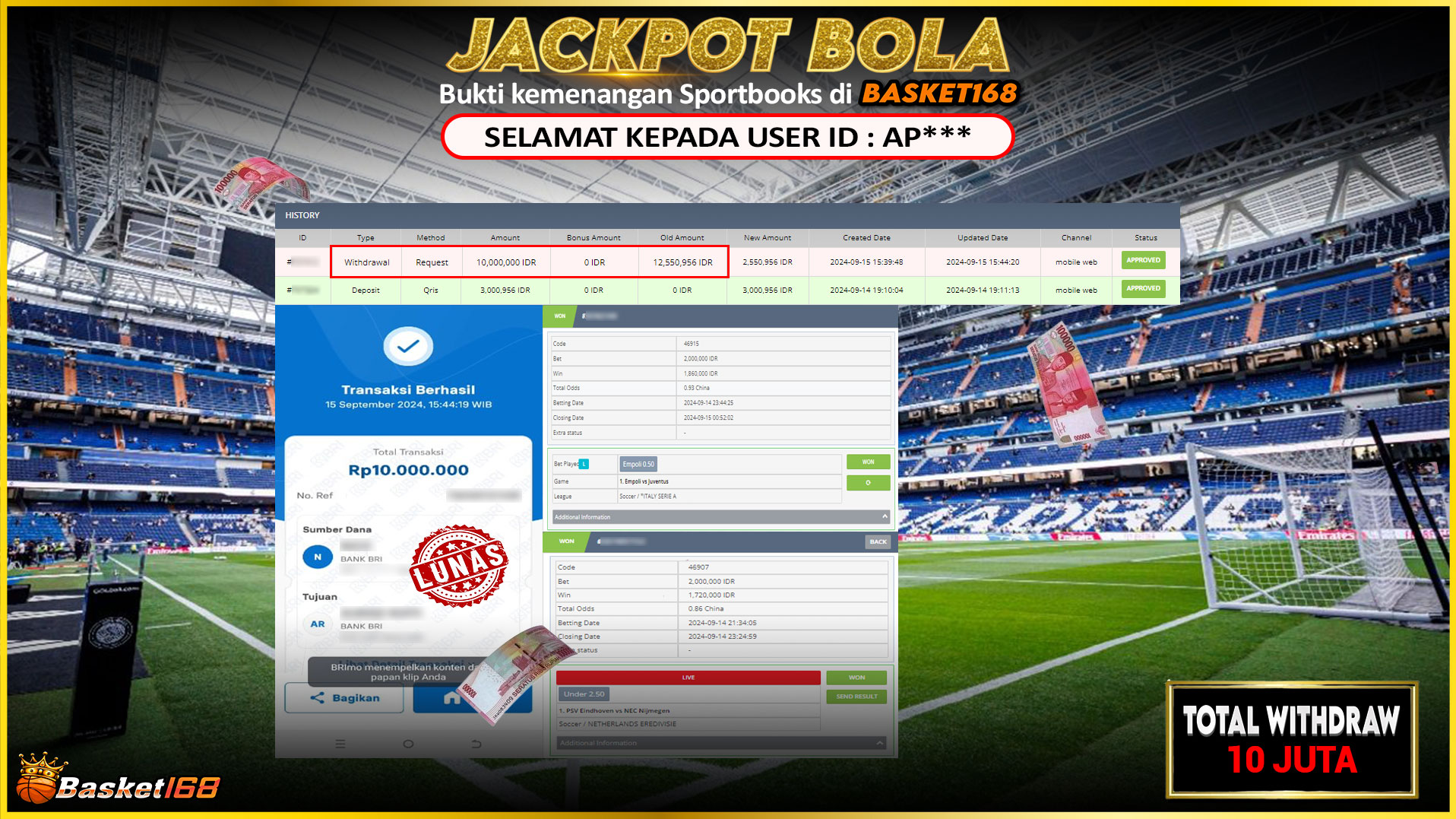 BASKET168 JACKPOT SPORTBOOKS Rp.10.000.000.,- LUNAS