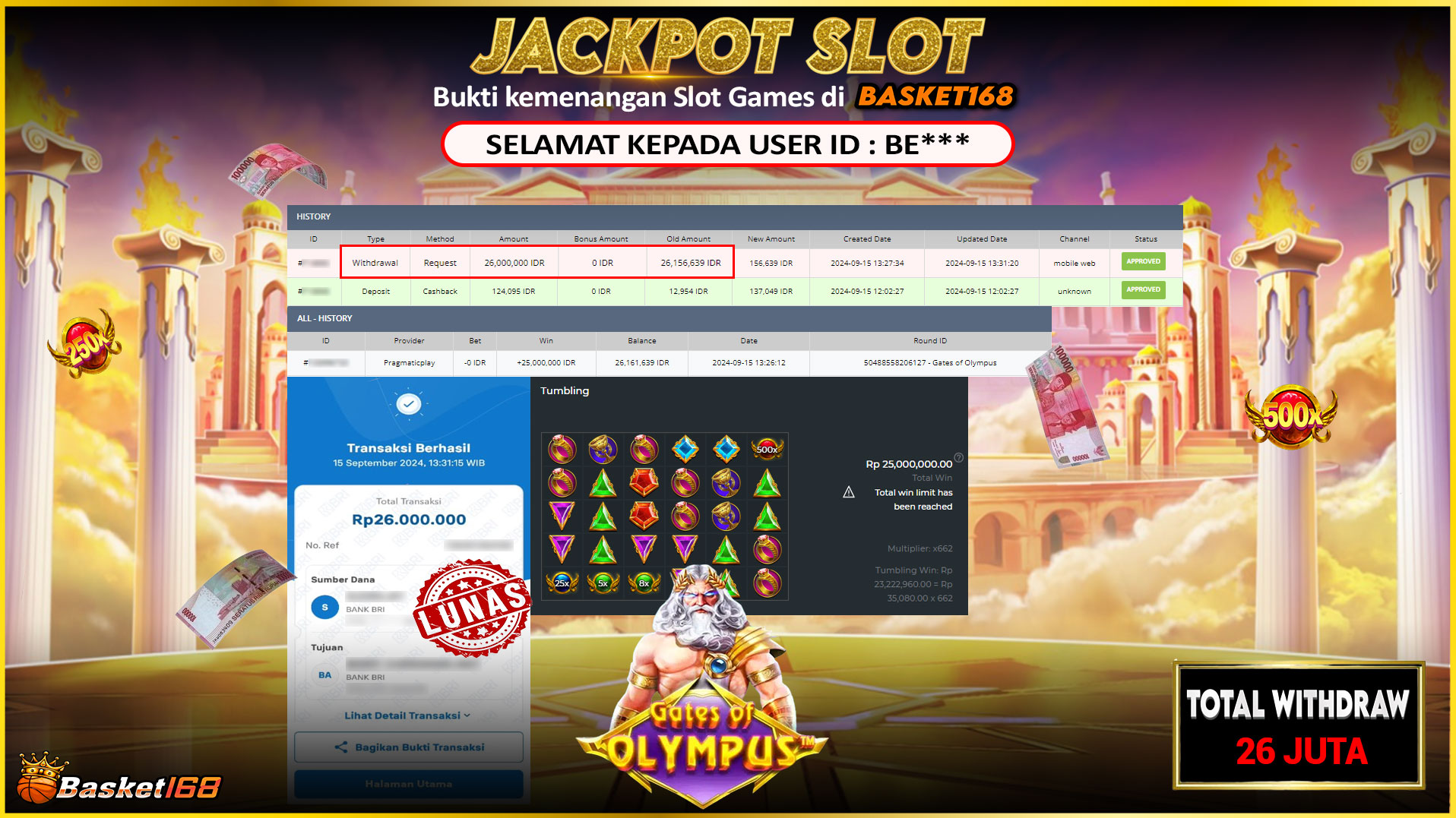 BASKET168 JACKPOT SLOT GATES OF OLYMPUS Rp.26.000.000.,- LUNAS