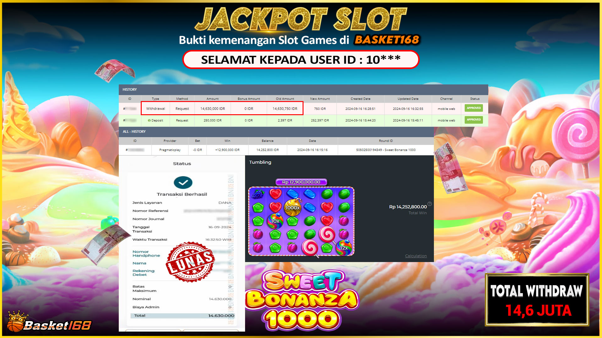 BASKET168 JACKPOT SLOT SWEET BONANZA 1000 Rp.14.600.000.,- LUNAS