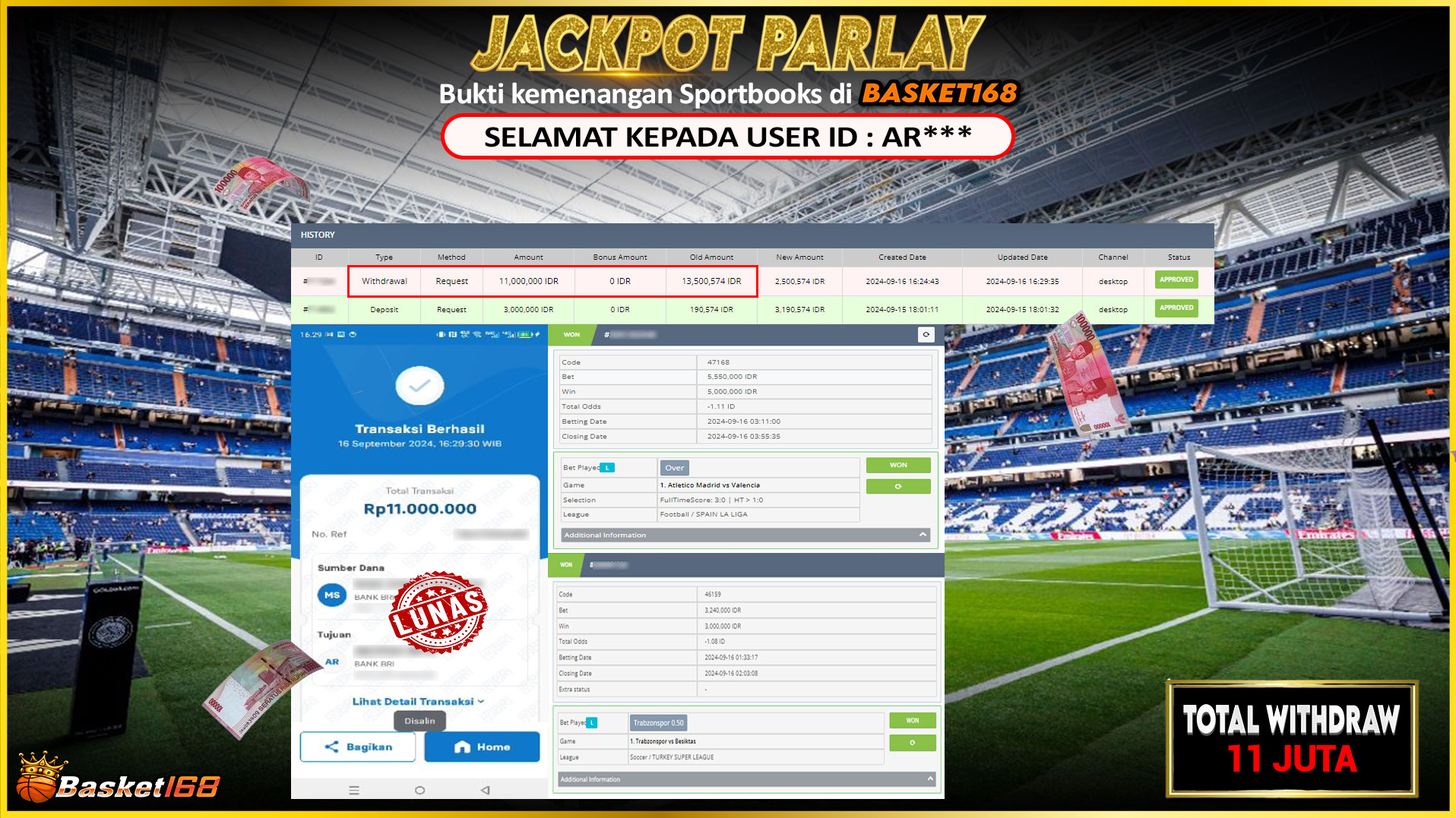 BASKET168 JACKPOT SPORTBOOKS Rp.11.000.000.,- LUNAS