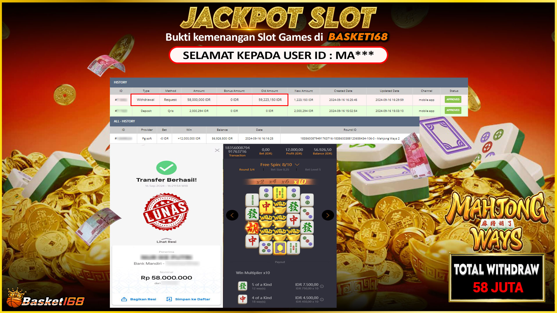 BASKET168 JACKPOT SLOT MAHJONG WAYS Rp.58.000.000.,- LUNAS