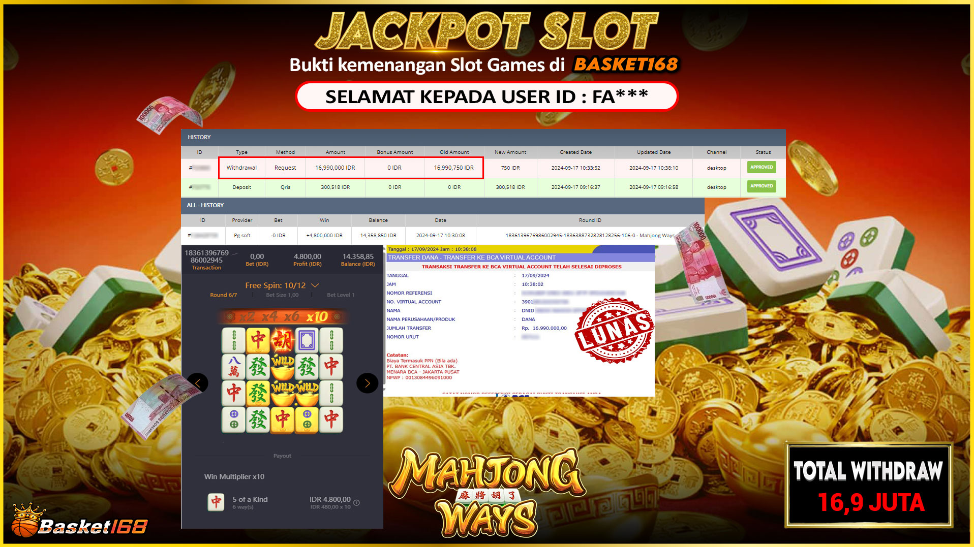 BASKET168 JACKPOT SLOT MAHJONG WAYS Rp.16.900.000.,- LUNAS