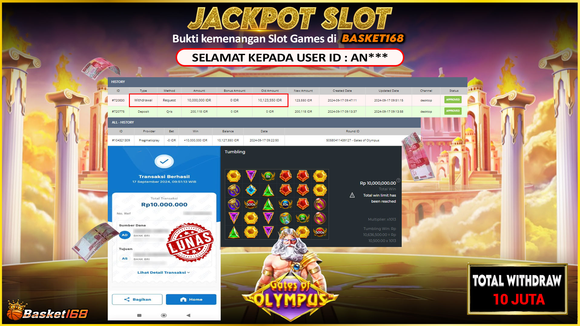 BASKET168 JACKPOT SLOT GATES OF OLYMPUS Rp.10.000.000.,- LUNAS