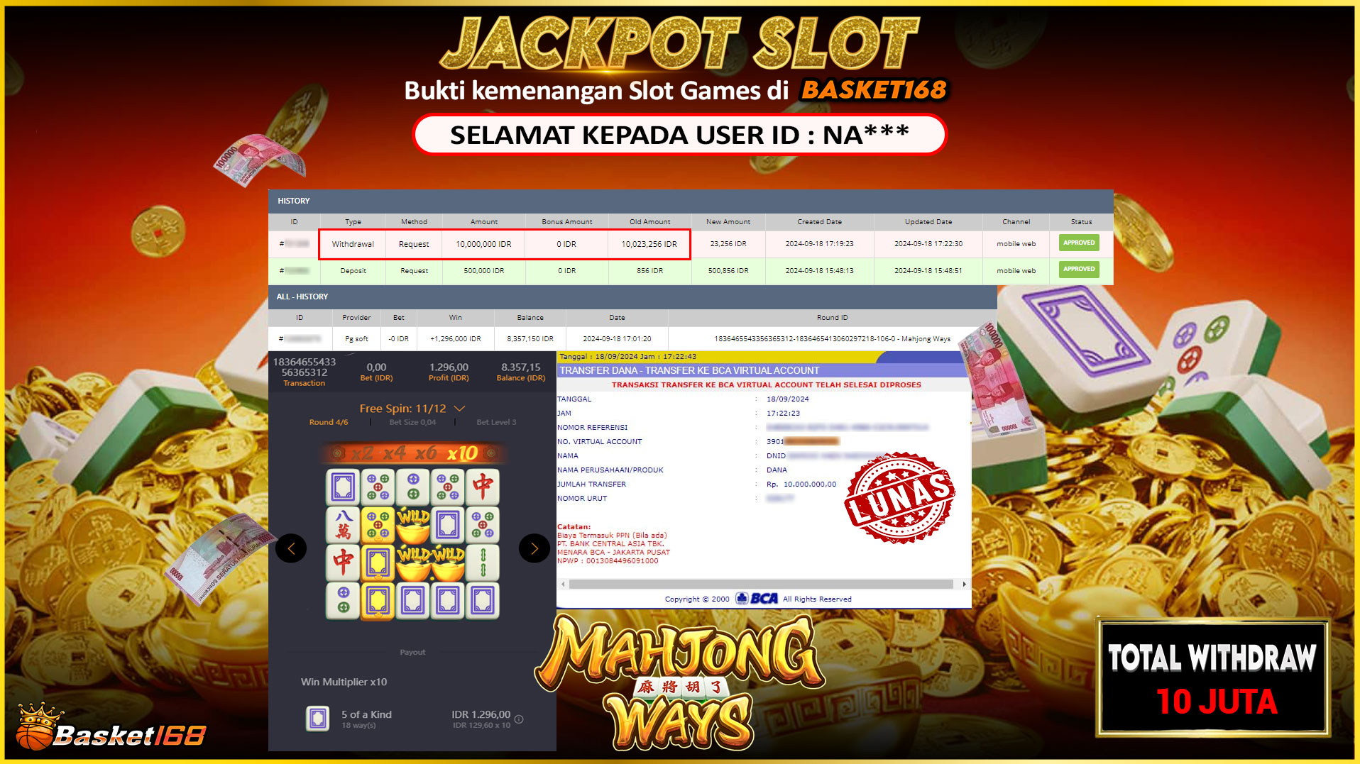 BASKET168 JACKPOT SLOT MAHJONG WAYS Rp.10.000.000.,- LUNAS