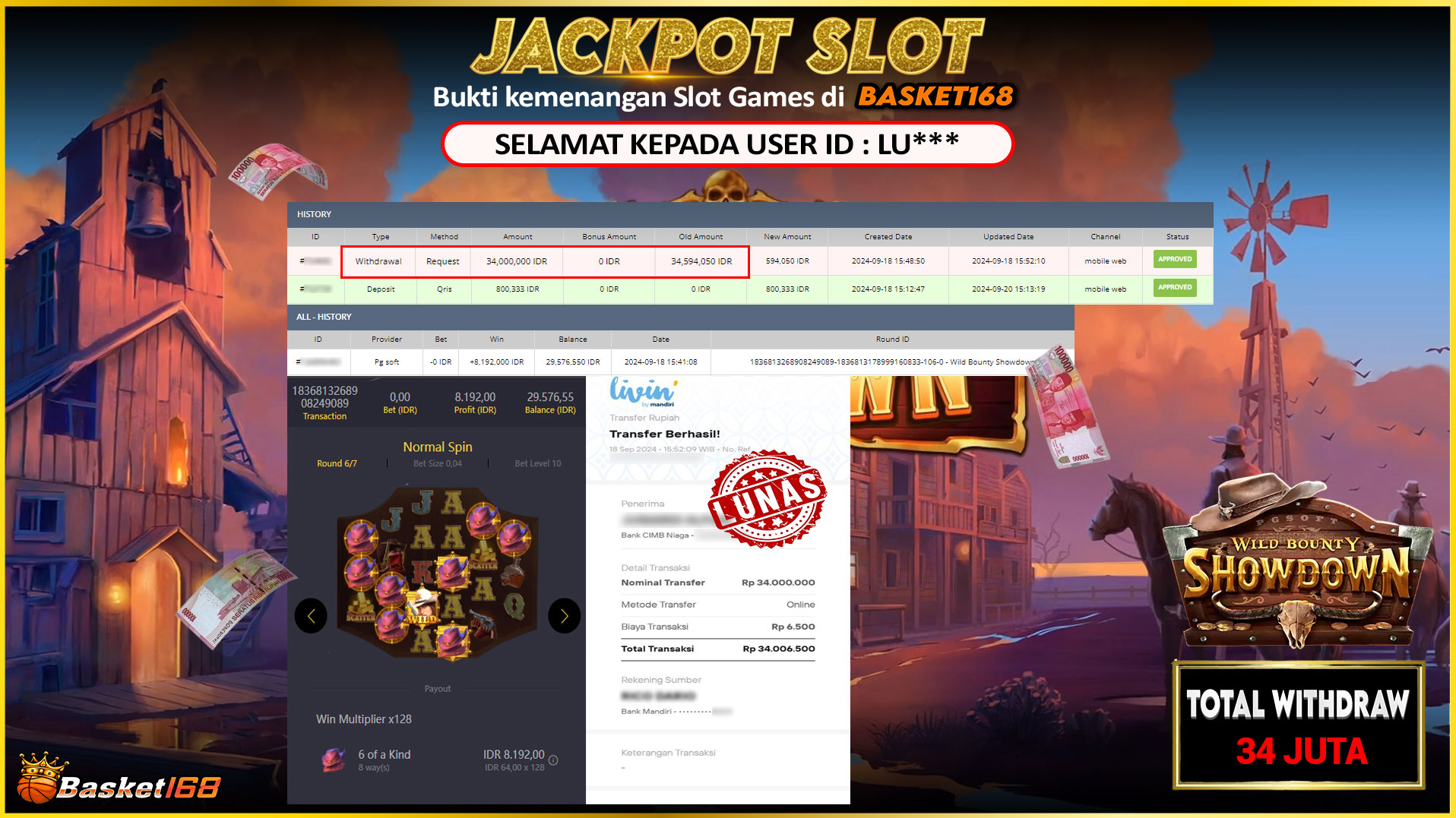 BASKET168 JACKPOT SLOT WILD BOUNTY SHOWDOWN Rp.34.000.000.,- LUNAS