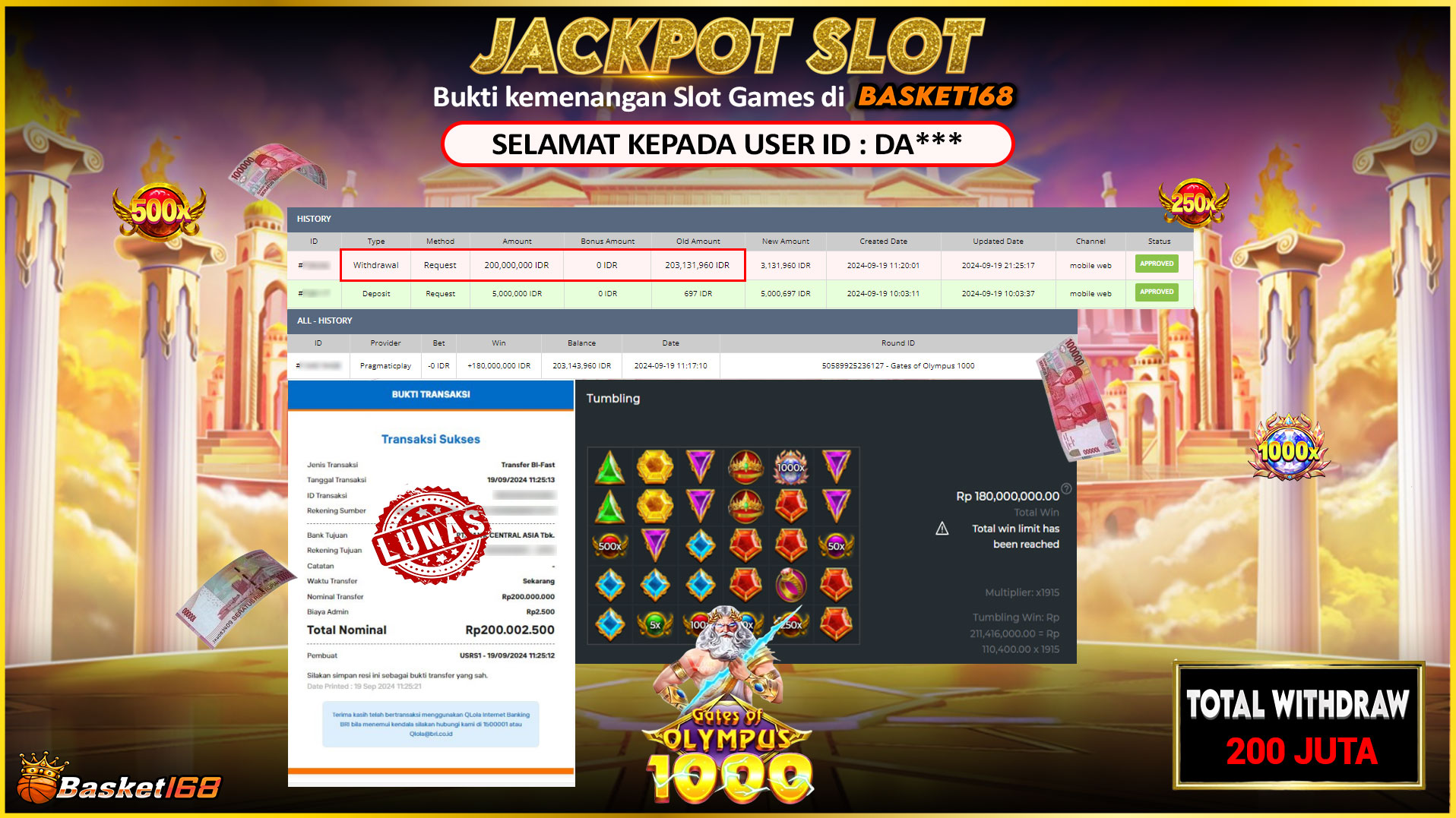 BASKET168 JACKPOT SLOT GATES OF OLYMPUS 1000 Rp.200.000.000.,- LUNAS
