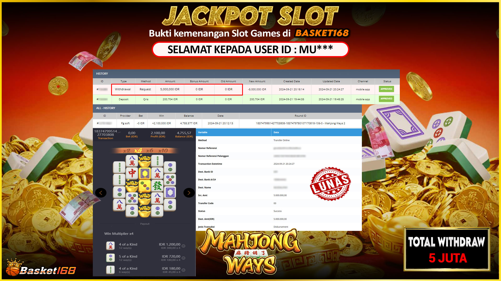BASKET168 JACKPOT SLOT MAHJONG WAYS Rp.5.000.000.,- LUNAS
