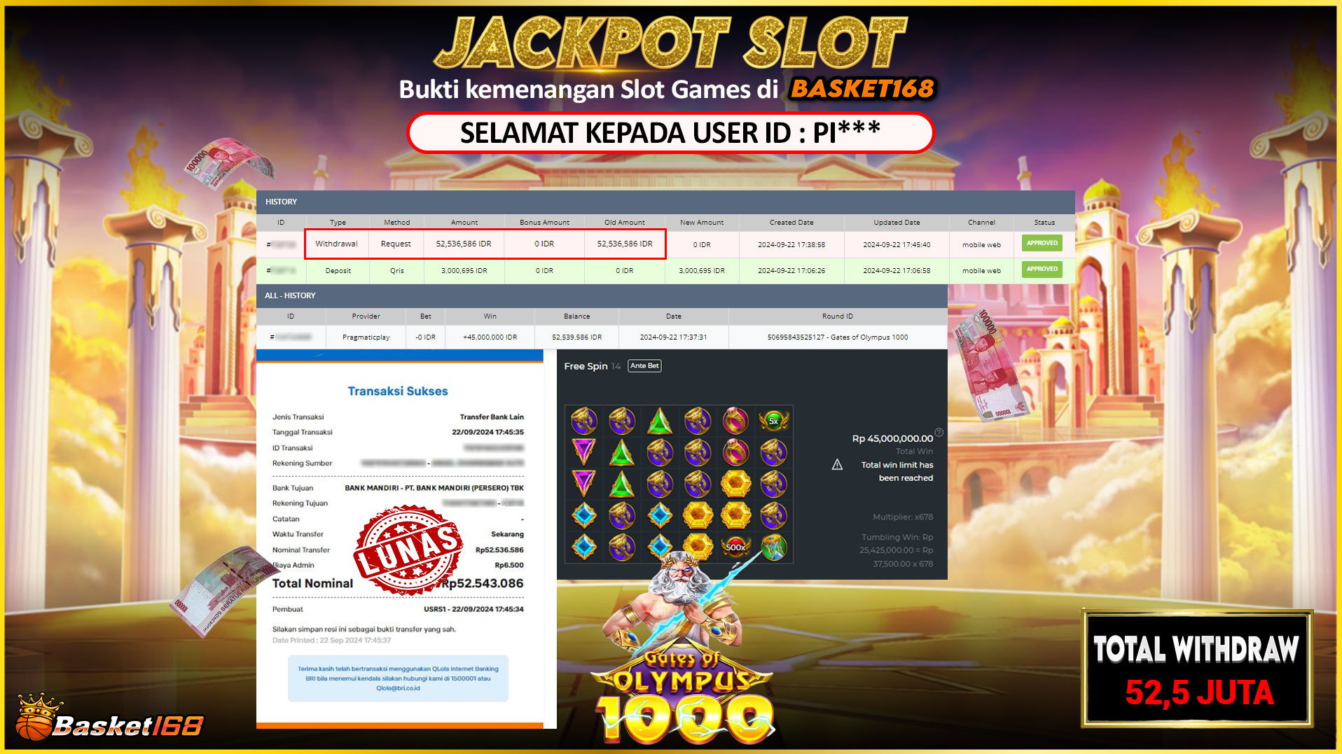 BASKET168 JACKPOT SLOT GATES OF OLYMPUS 1000 Rp.52.536.586,- LUNAS