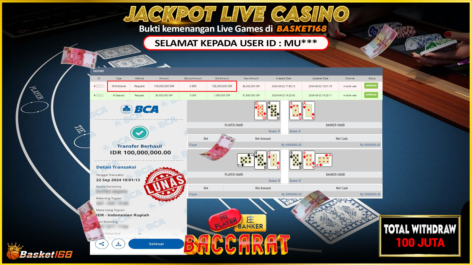 BASKET168 JACKPOT LIVE GAMES BACCARAT Rp.100.000.000,- LUNAS