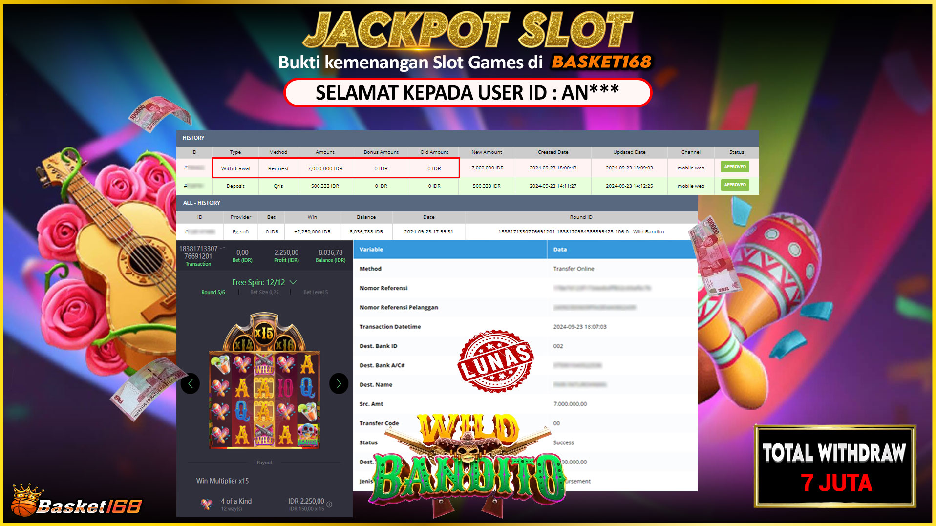 BASKET168 JACKPOT SLOT WILD BANDITO Rp.7.000.000,- LUNAS