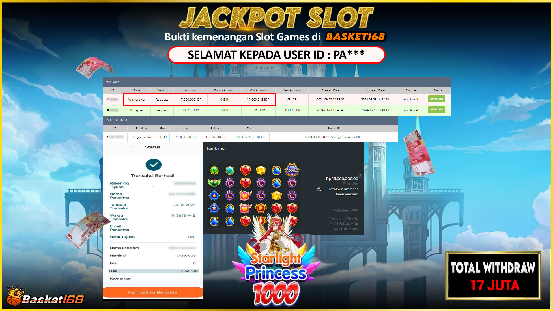 BASKET168 JACKPOT SLOT STARLIGHT PRINCESS 1000 Rp.17.000.000,- LUNAS