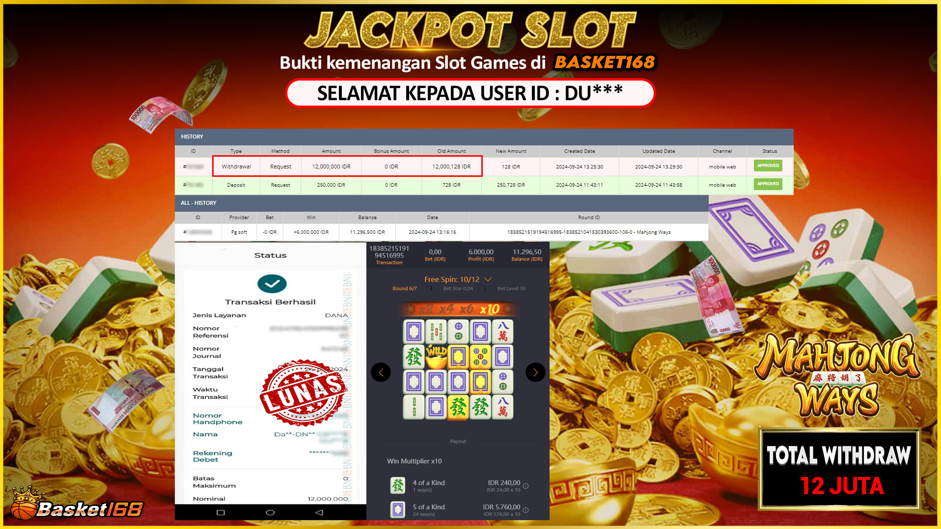 BASKET168 JACKPOT SLOT MAHJONG WAYS Rp.12.000.000,- LUNAS