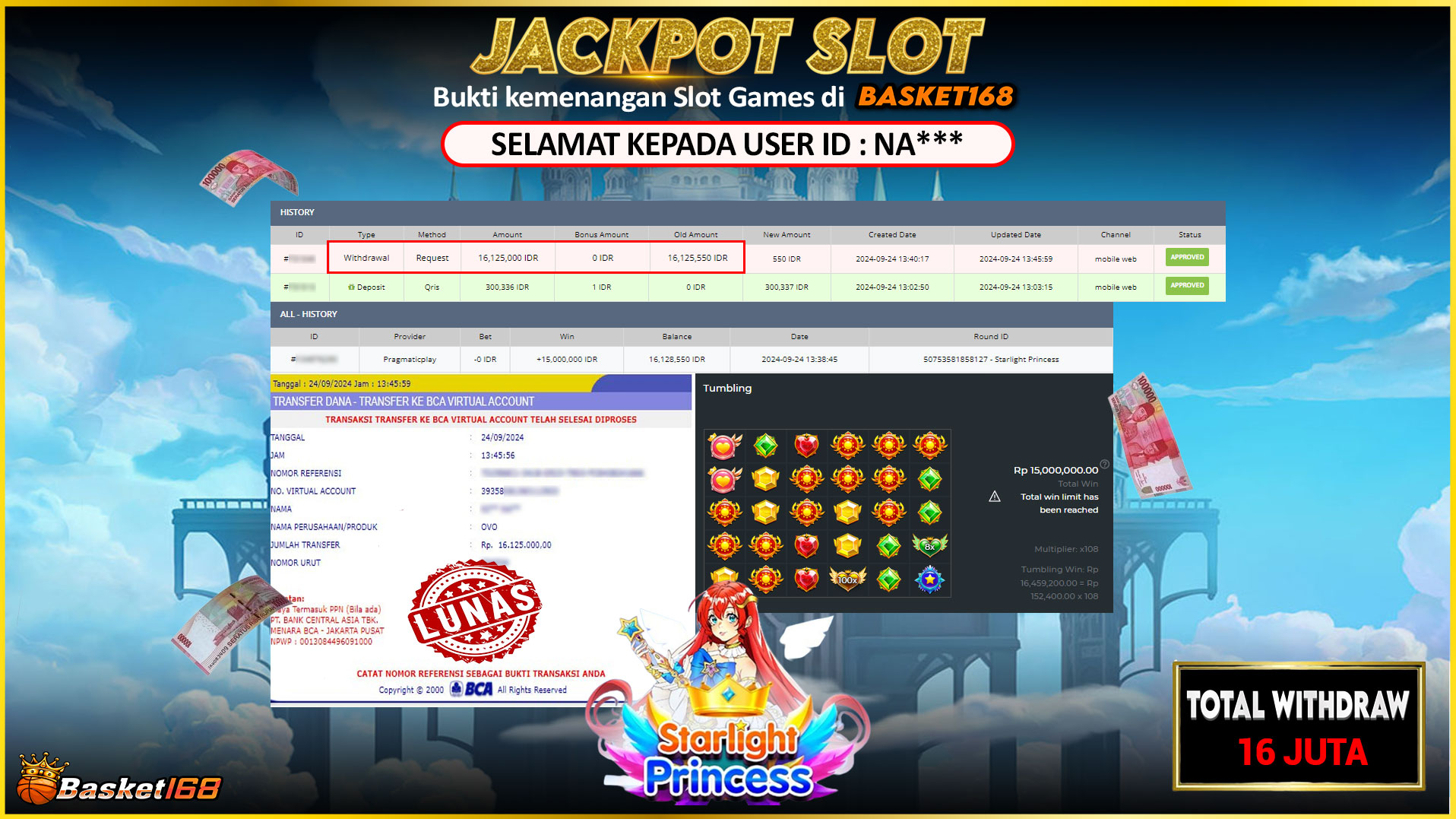 BASKET168 JACKPOT SLOT STARLIGHT PRINCESS Rp.16.125.000,- LUNAS