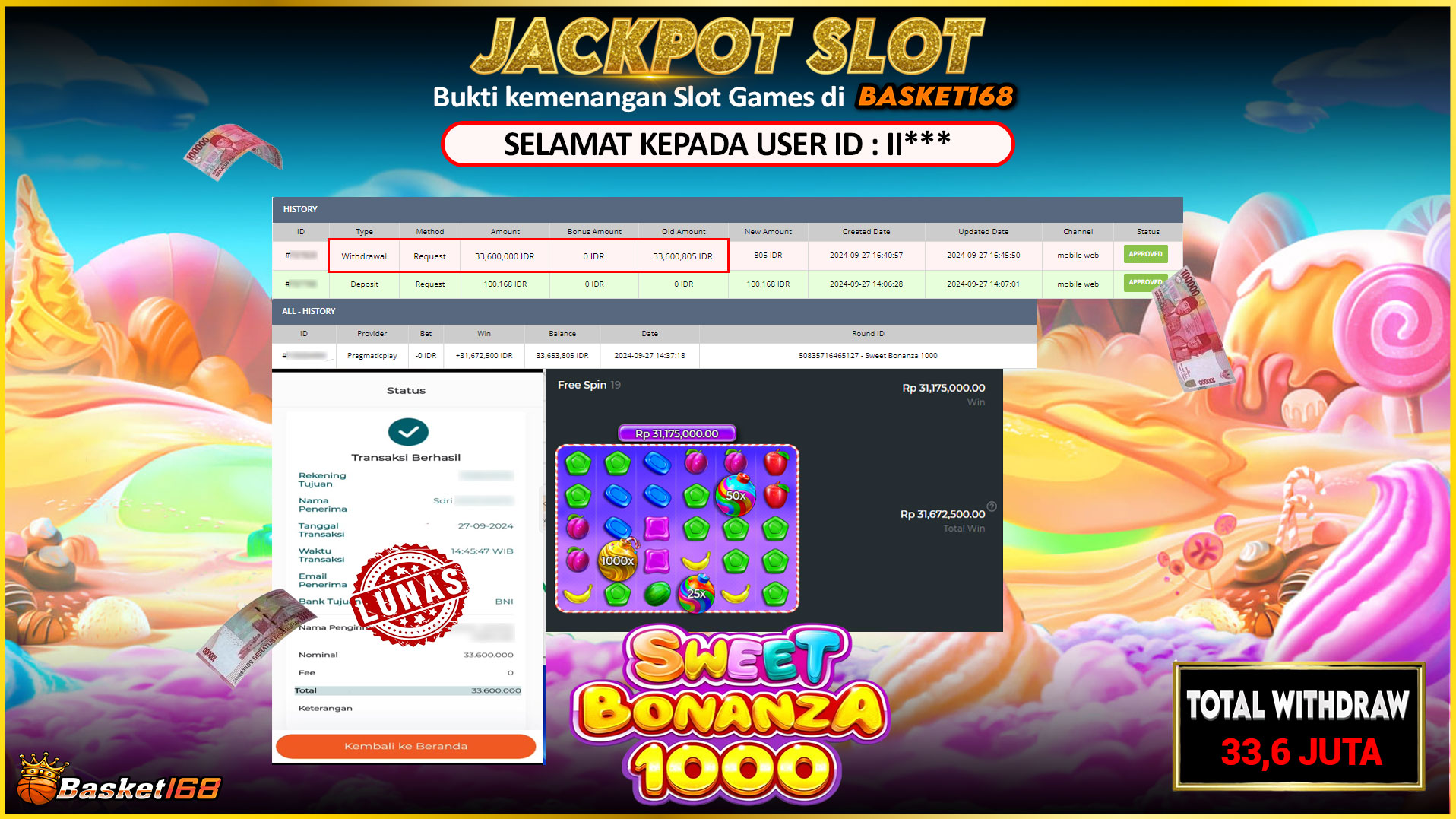 BASKET168 JACKPOT SLOT SWEET BONANZA 1000 Rp.33.600.000,- LUNAS
