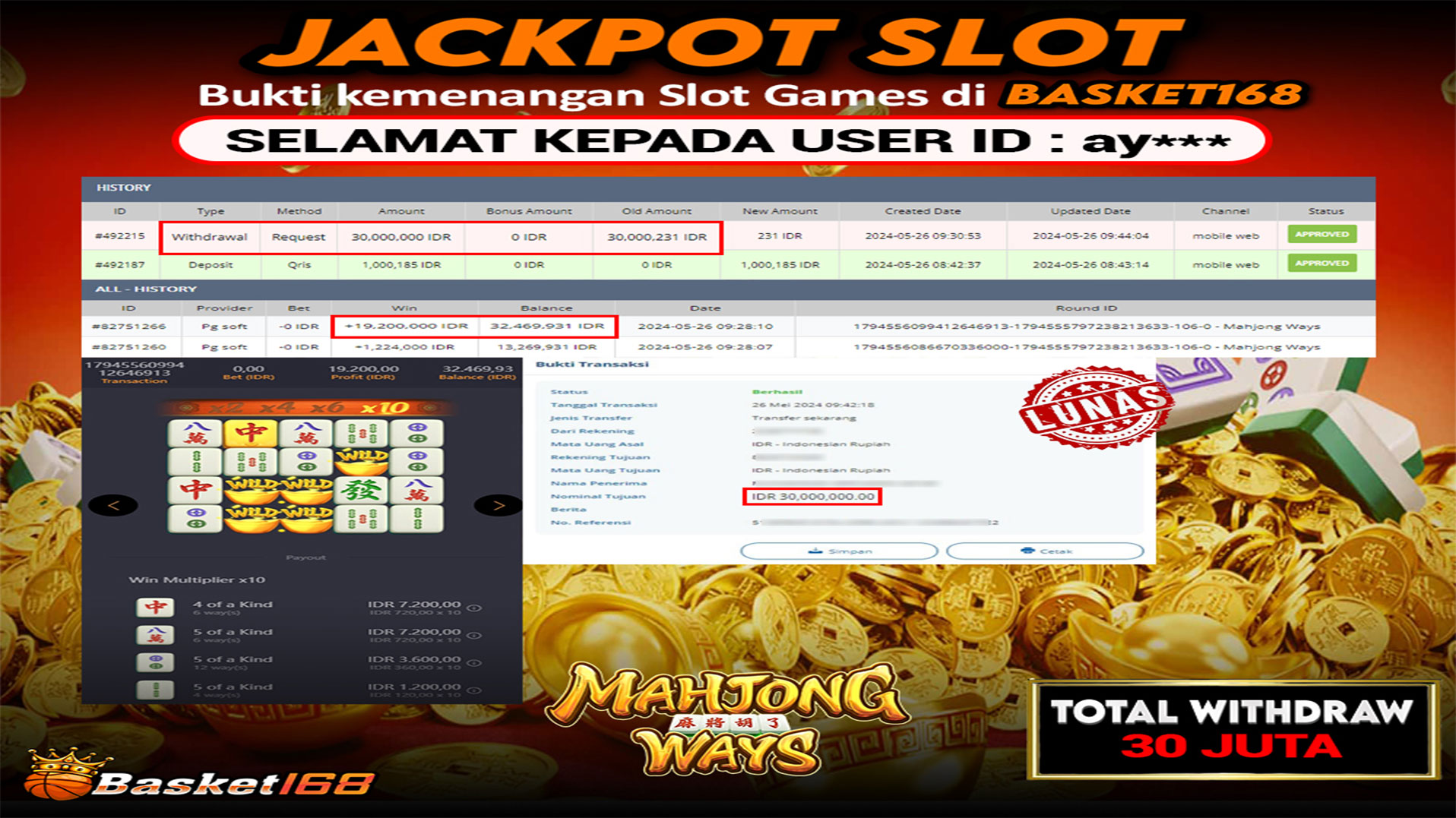 BASKET168 JACKPOT SLOT MAHJONG WAYS Rp.30.000.000.,- LUNAS