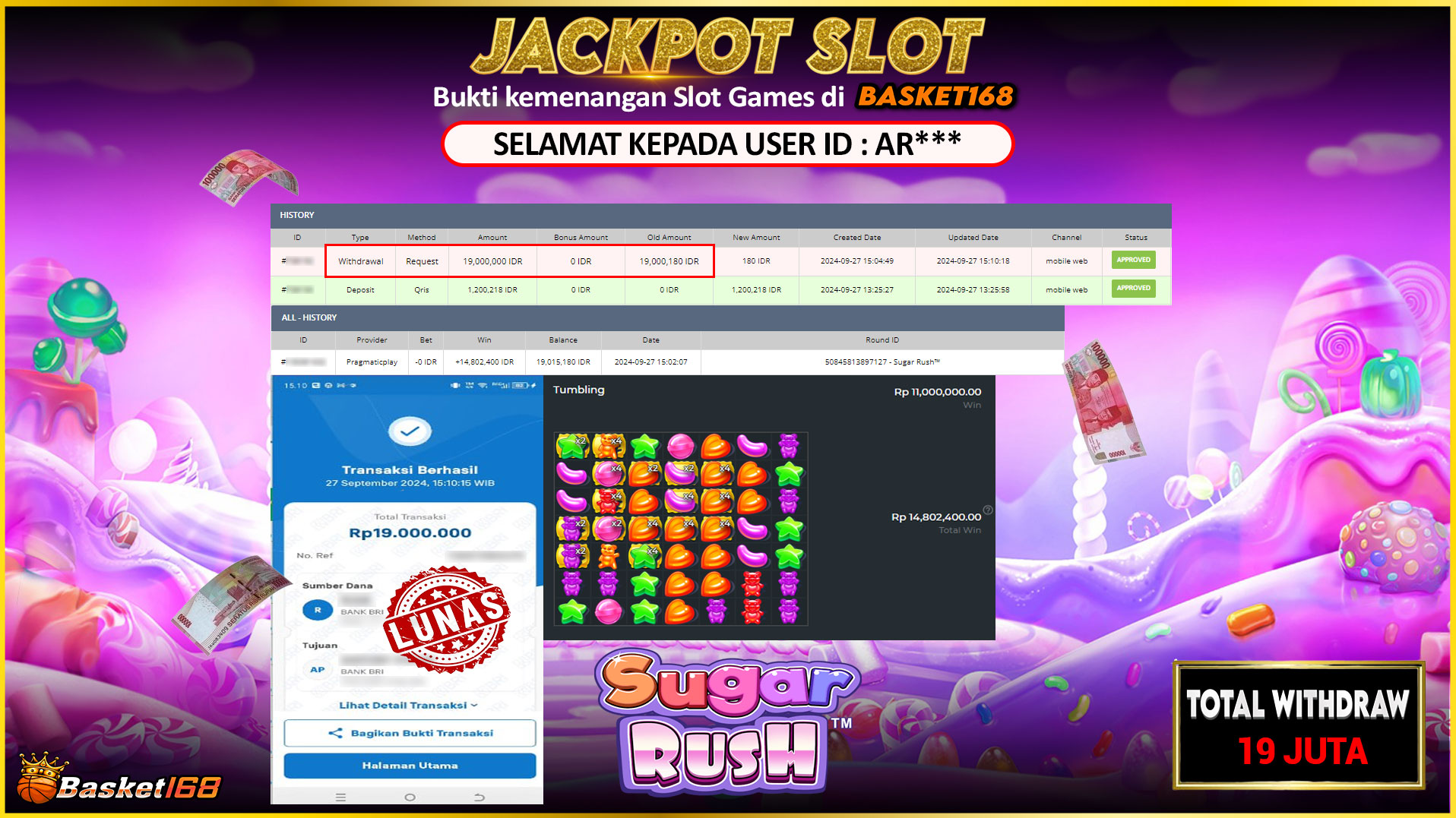 BASKET168 JACKPOT SLOT SUGAR RUSH Rp.19.000.000,- LUNAS