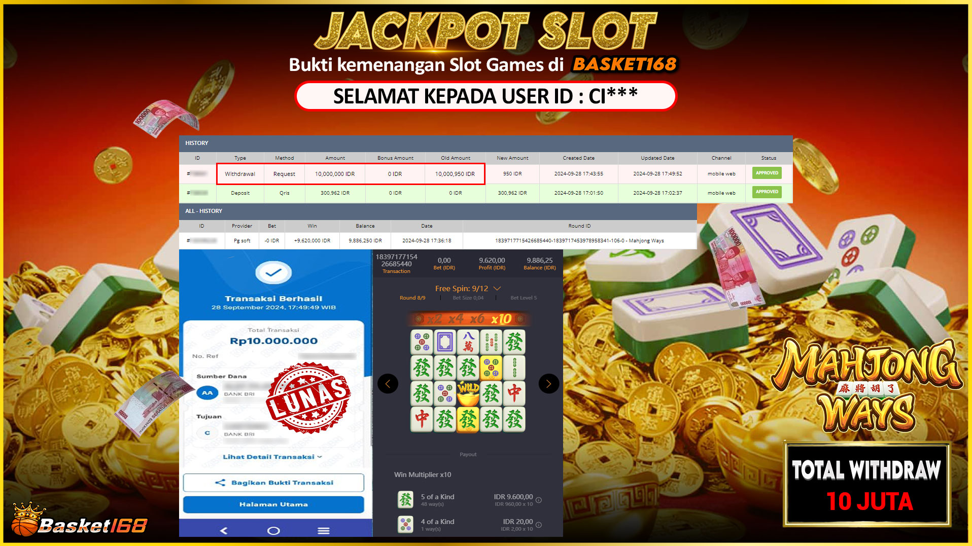 BASKET168 JACKPOT SLOT MAHJONG WAYS Rp.10.000.000,- LUNAS