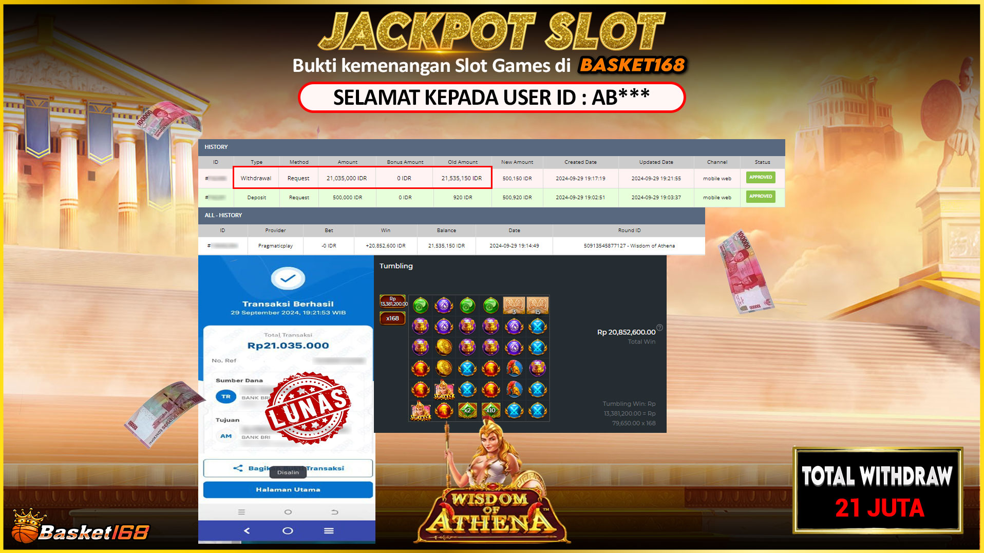 BASKET168 JACKPOT SLOT WISDOM OF ATHENA Rp.21.000.000,- LUNAS