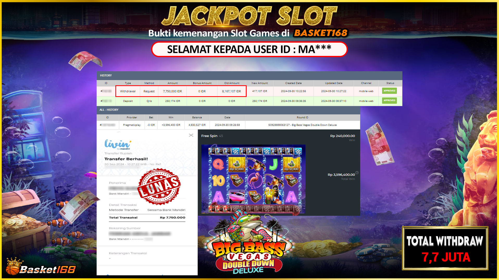 BASKET168 JACKPOT SLOT BIG BASS VEGAS DOUBLE DOWN DELUXE Rp.7.750.000,- LUNAS