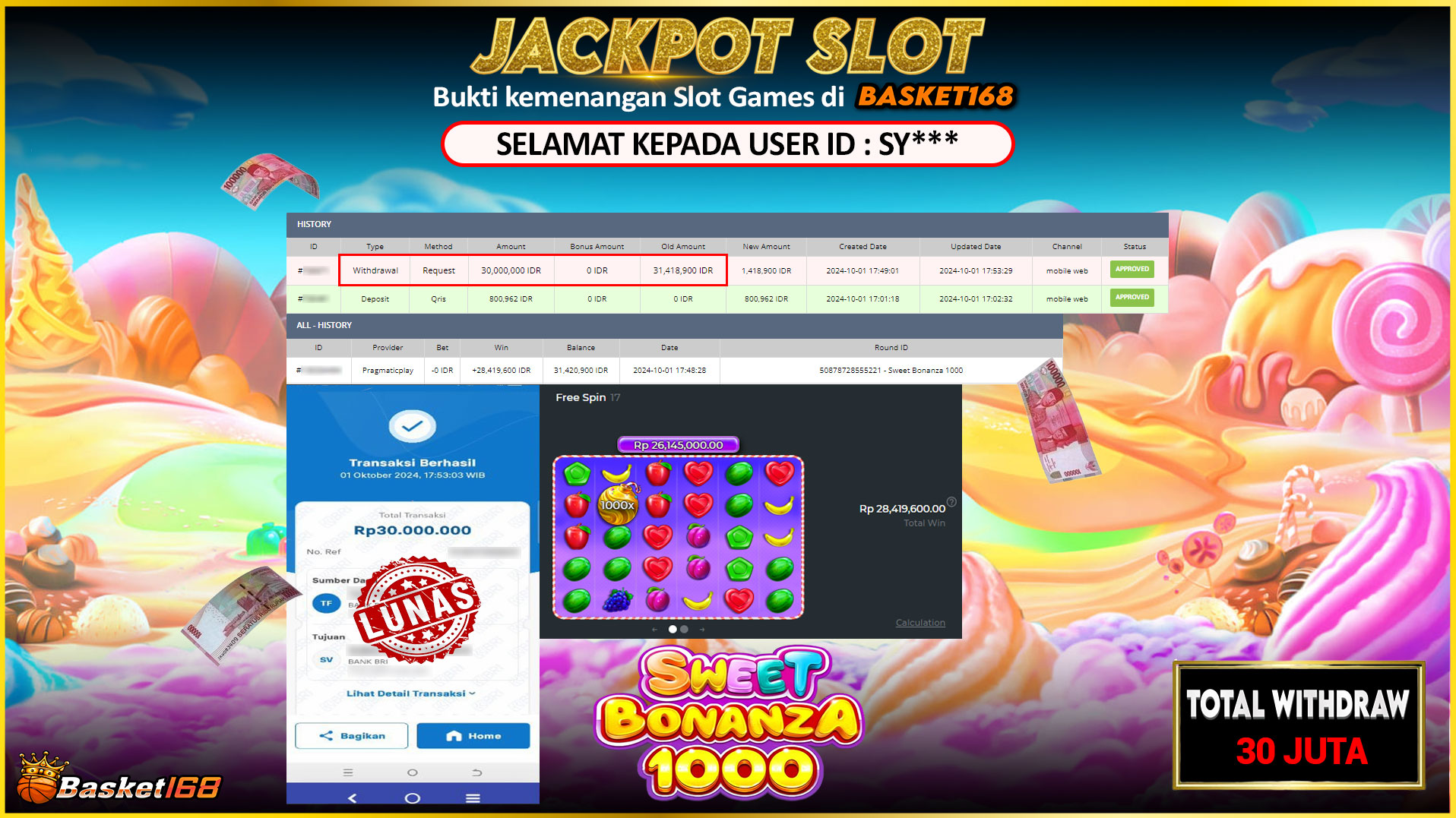 BASKET168 JACKPOT SLOT SWEET BONANZA 1000 Rp.30.000.000,- LUNAS